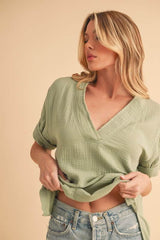 Aemi + Co Side Slit V-Neck Short Sleeve Blouse