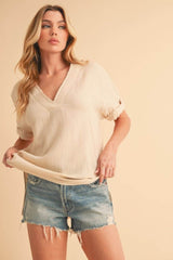 Aemi + Co Side Slit V-Neck Short Sleeve Blouse Oatmeal / S