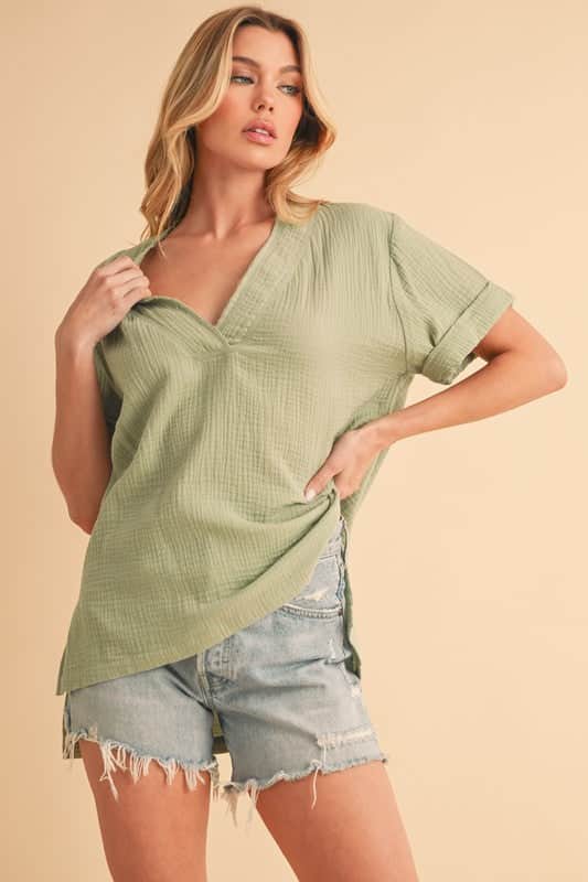 Aemi + Co Side Slit V-Neck Short Sleeve Blouse Sage / S