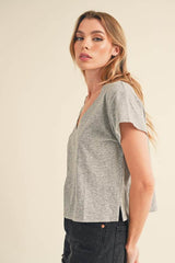 Aemi + Co Side Slit V-Neck Short Sleeve Cropped T-Shirt