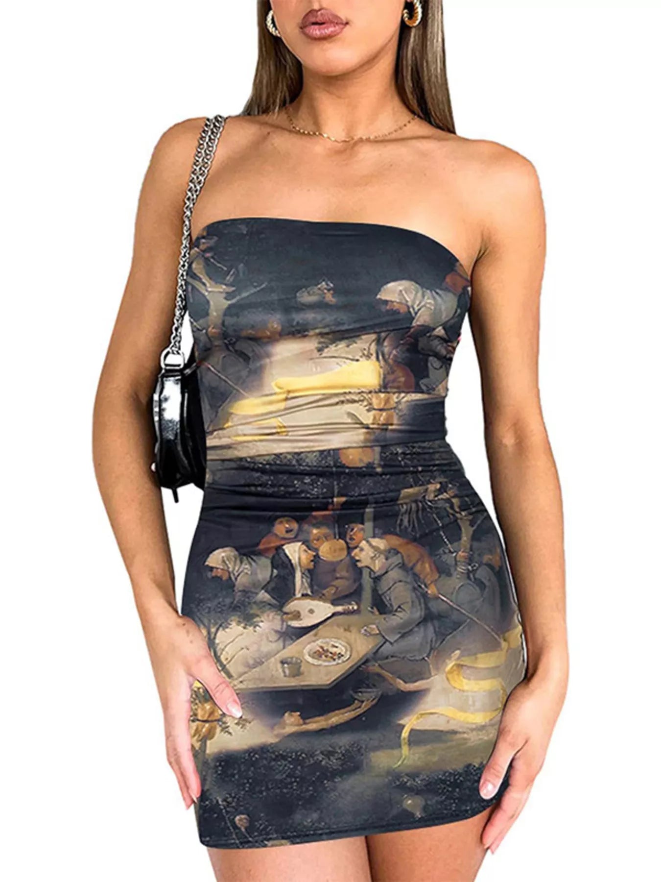Model wearing a strapless dark brown artistic print bodycon mini dress, front view