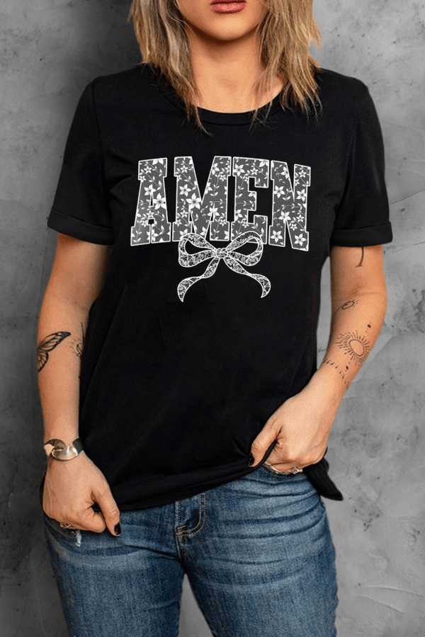 AMEN Bow Round Neck Short Sleeve T Shirt