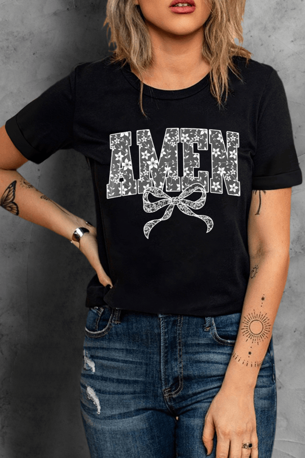 AMEN Bow Round Neck Short Sleeve T Shirt