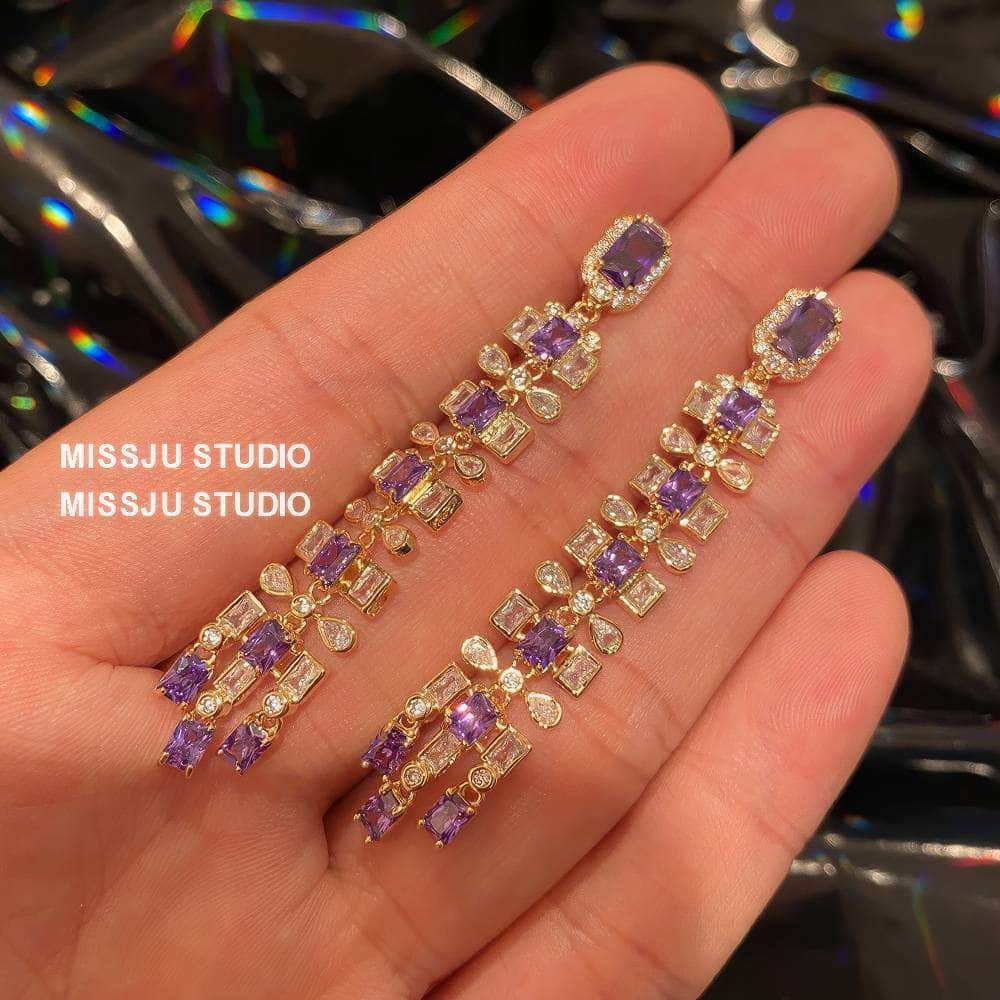 Amethyst Tassel Fringe Statement Earrings Purple