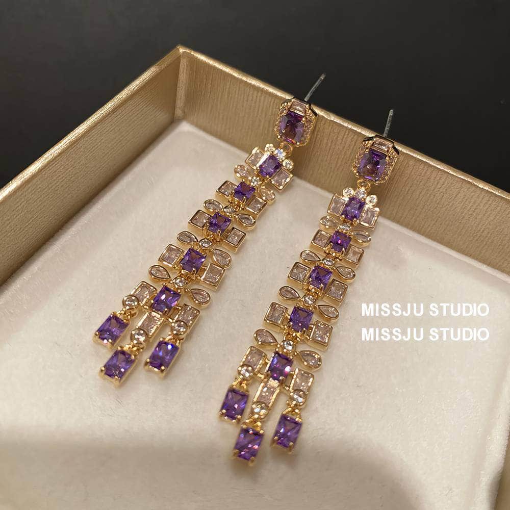Amethyst Tassel Fringe Statement Earrings Purple