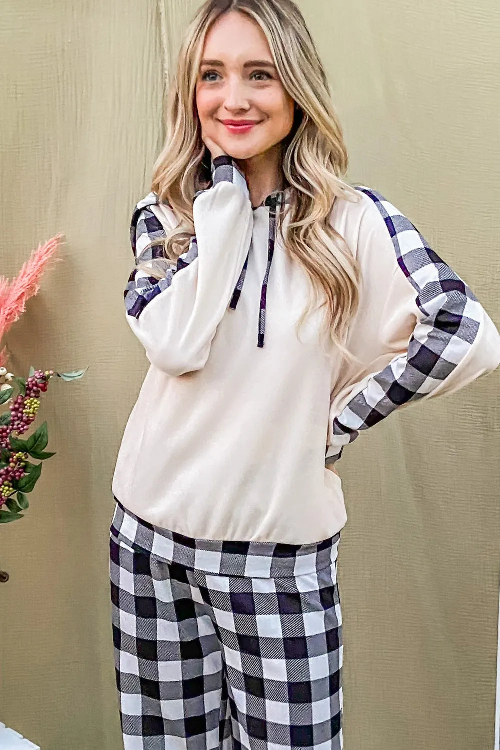 And The Why Drawstring Hooded Top and Plaid Pants Lounge Set White/Black / S