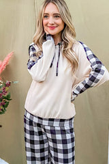 And The Why Drawstring Hooded Top and Plaid Pants Lounge Set White/Black / S