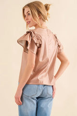 And The Why Faux Leather Ruffle Sleeves V Neck Top