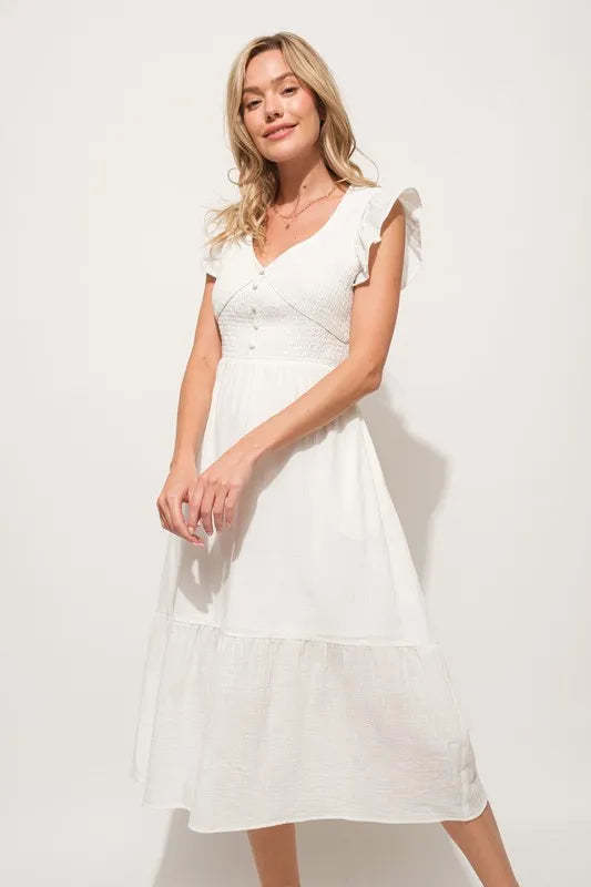 And The Why Ruffle Sleeve Front Smocked Tiered Midi Dress Off White / S