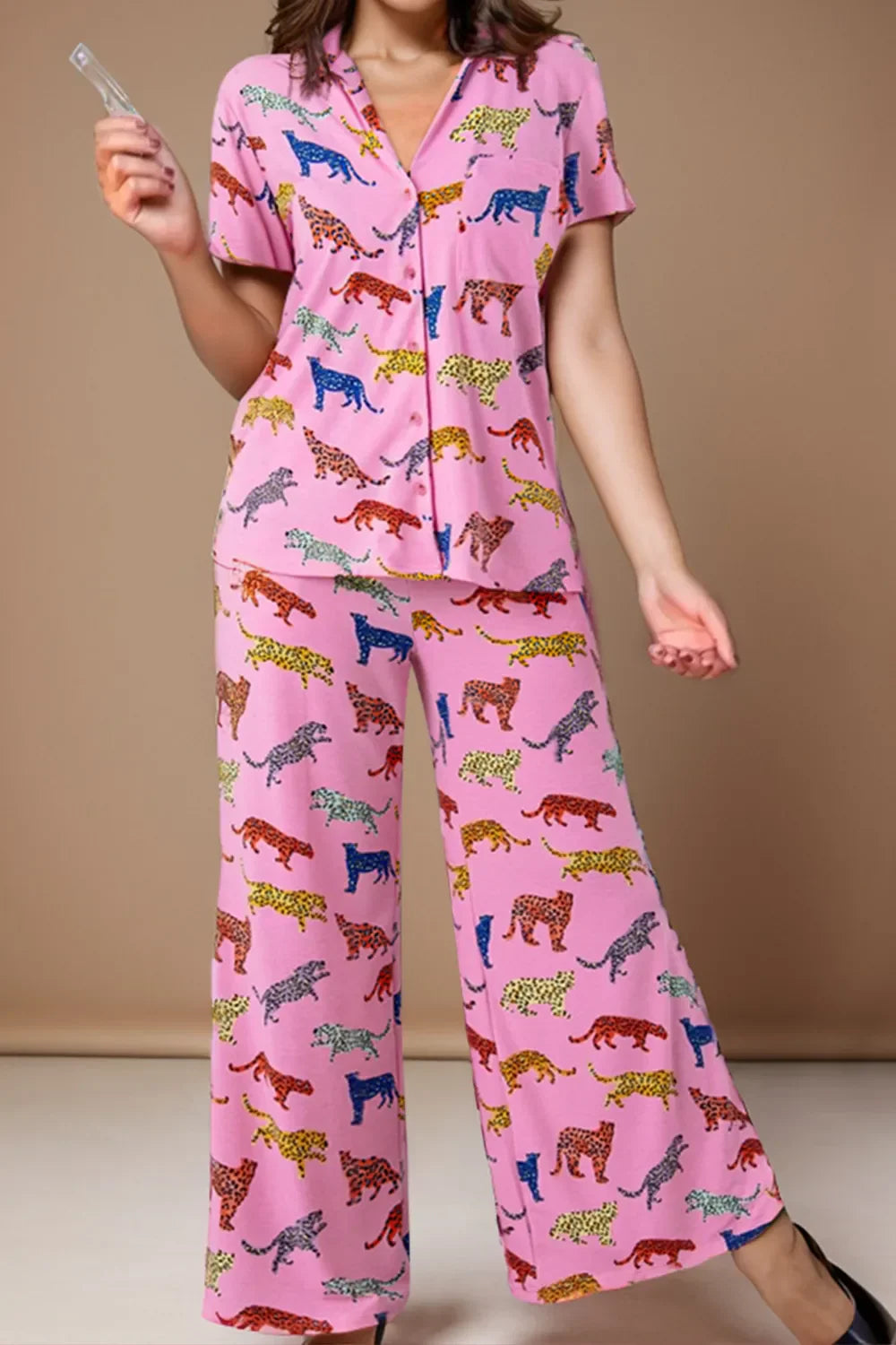 Animal Button Up Top and Pants Lounge Set Pink / XL