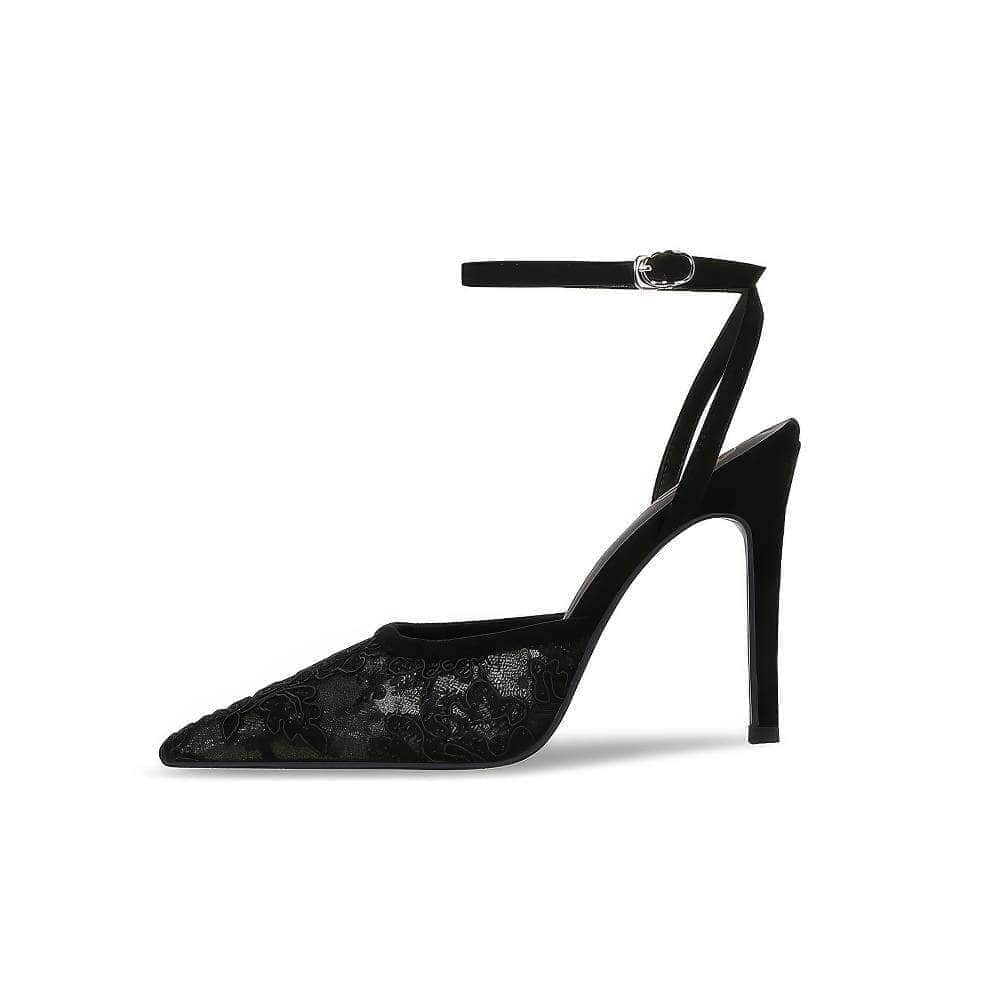 Ankle Strap Lace Floral Embroidered Pointy Toe Heels
