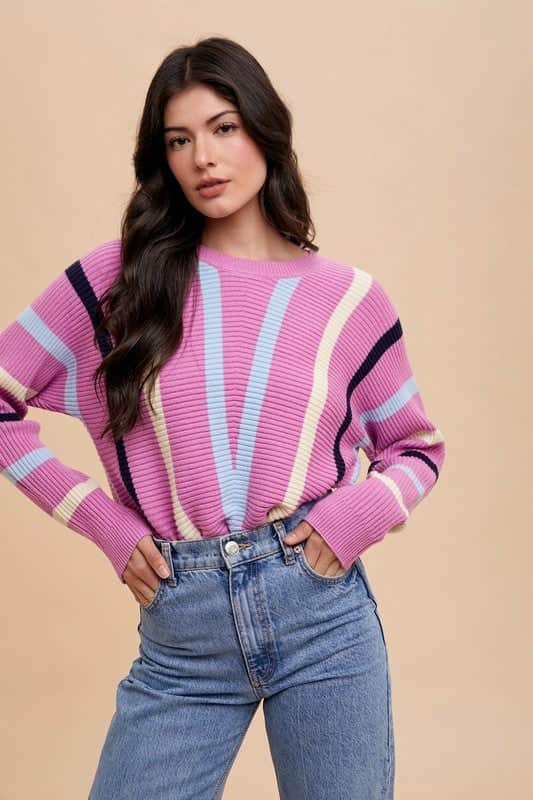 Annie Wear Chevron Stripe Round Neck Ribbed Sweater Orchid / S