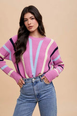 Annie Wear Chevron Stripe Round Neck Ribbed Sweater Orchid / S
