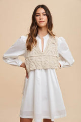 Annie Wear Crochet Vest Notched Long Sleeve Shirt Dress White / S