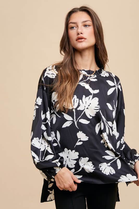 Annie Wear Frill Printed Balloon Sleeve Blouse Black / S
