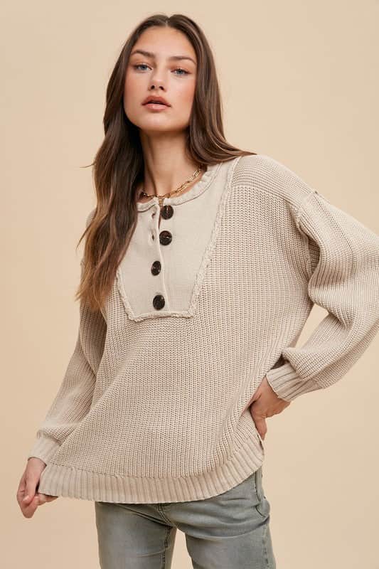 Annie Wear Half Button Ribbed Hem Sweater Oatmeal / S