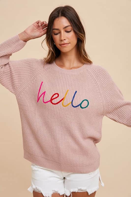 Annie Wear HELLO Embroidered Raglan Sleeve Sweater Mauve / S