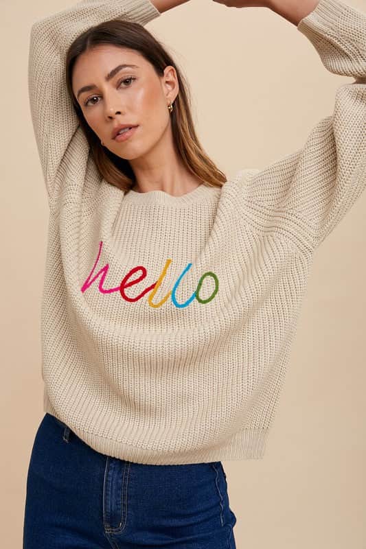 Annie Wear HELLO Embroidered Raglan Sleeve Sweater Oatmeal / S