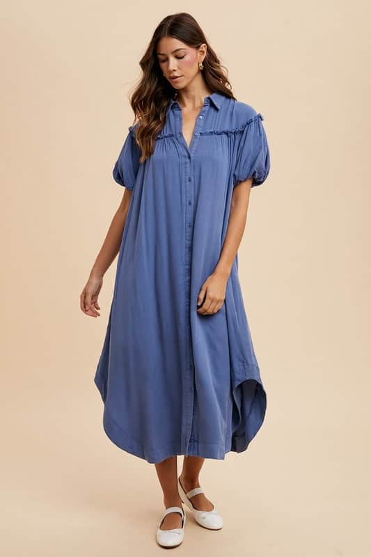 Annie Wear Mineral Washed Button Down Puff Sleeve Shirt Dress Peacock  Blue / S