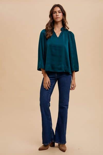 Annie Wear Satin Notched Three-Quarter Sleeve Blouse