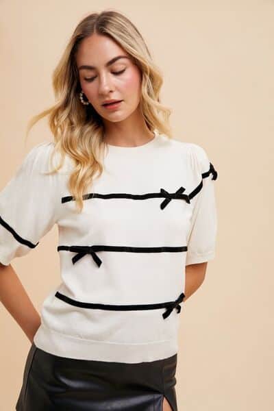 Annie Wear Striped Bow Round Neck Knit Top White / S