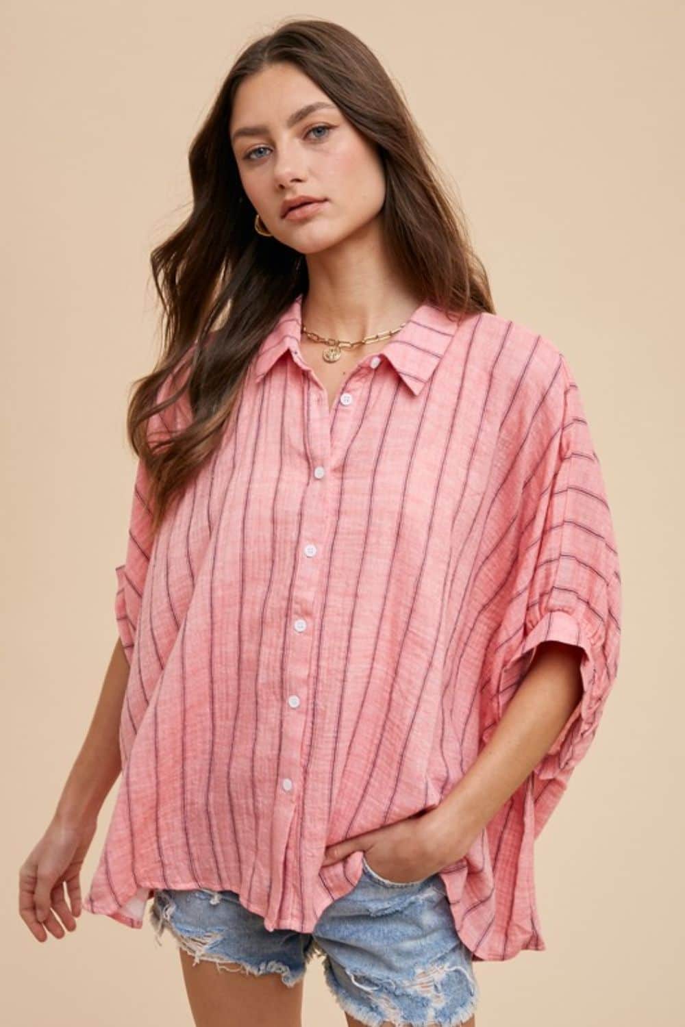 Annie Wear Striped Button Up Half Sleeve Shirt Coral Pink / S
