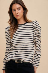 Annie Wear Striped Round Neck Puff Sleeve French Terry Top Black / S