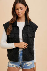 Annie Wear Texture Quilted Snap Down Vest Coat Black / S