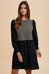 Annie Wear Tie Back Plaid Round Neck Mini Dress Black / S