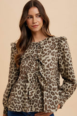 Annie Wear Tied Leopard Round Neck Peplum Blouse Mocha / S