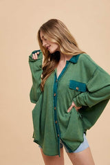 Annie Wear Waffle-Knit Mineral Washed Button Down Shirt Dark Green / S