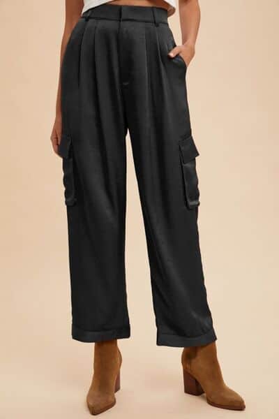 Annie Wear Wide Leg Cargo Satin Pants Black / S