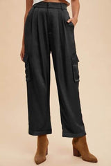 Annie Wear Wide Leg Cargo Satin Pants Black / S