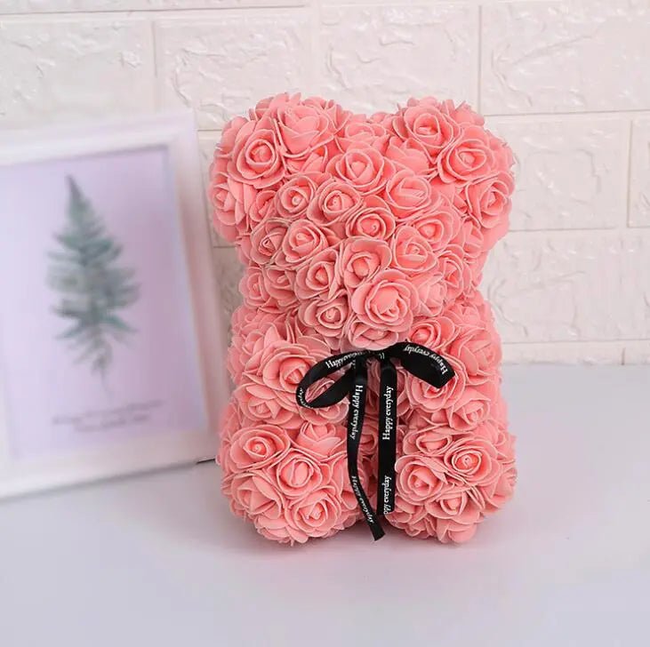 Artificial 25cm rose bear: gift for girlfriend, anniversary, Valentine's, birthday, wedding Flesh Pink / Without Crown