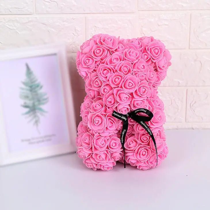 Artificial 25cm rose bear: gift for girlfriend, anniversary, Valentine's, birthday, wedding Pink / Without Crown