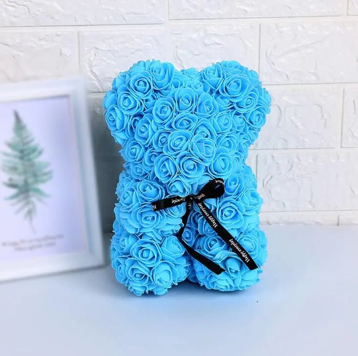 Artificial 25cm rose bear: gift for girlfriend, anniversary, Valentine's, birthday, wedding Sky Blue / Without Crown