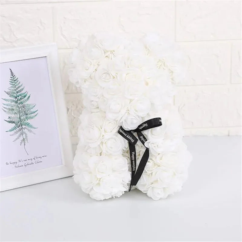 Artificial 25cm rose bear: gift for girlfriend, anniversary, Valentine's, birthday, wedding White / Without Crown