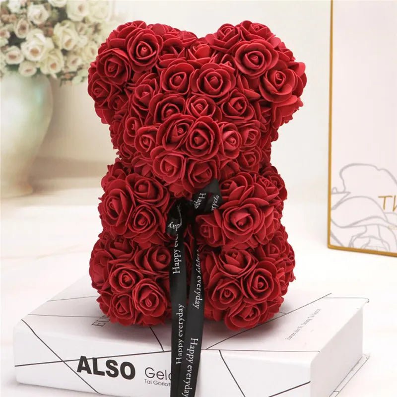 Artificial 25cm rose bear: gift for girlfriend, anniversary, Valentine's, birthday, wedding Wine Red / Without Crown