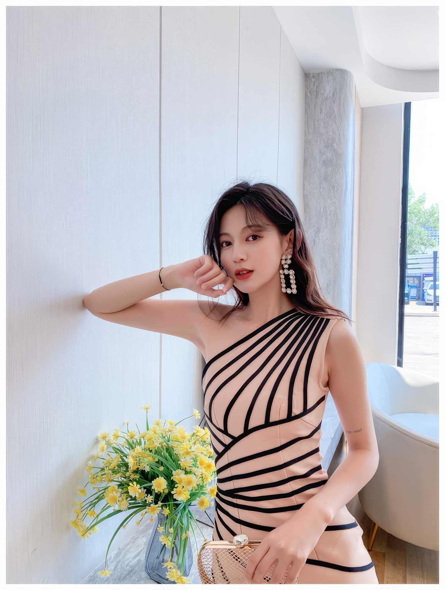 Asymmetrical Front Slit Striped Bandage Dress