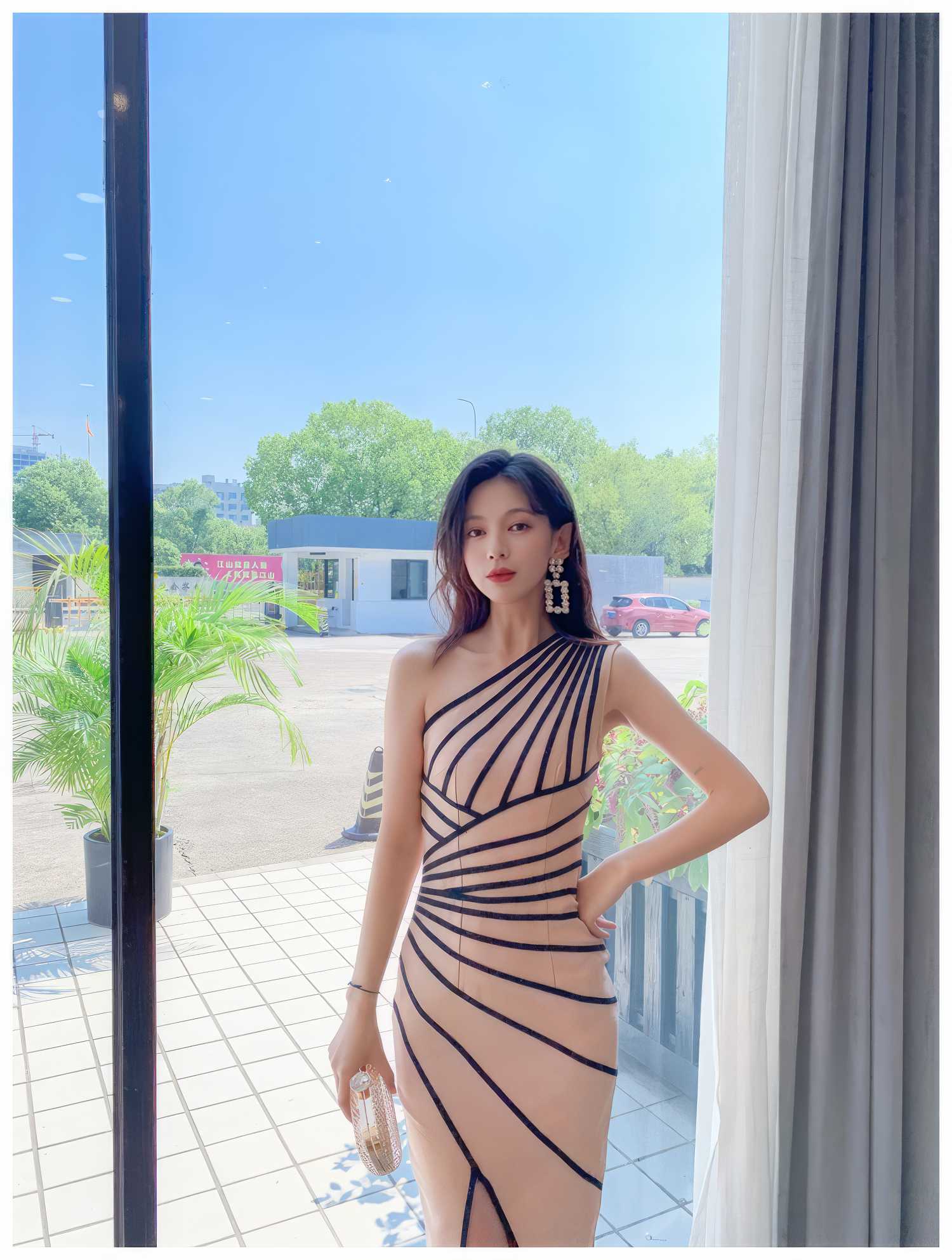 Asymmetrical Front Slit Striped Bandage Dress