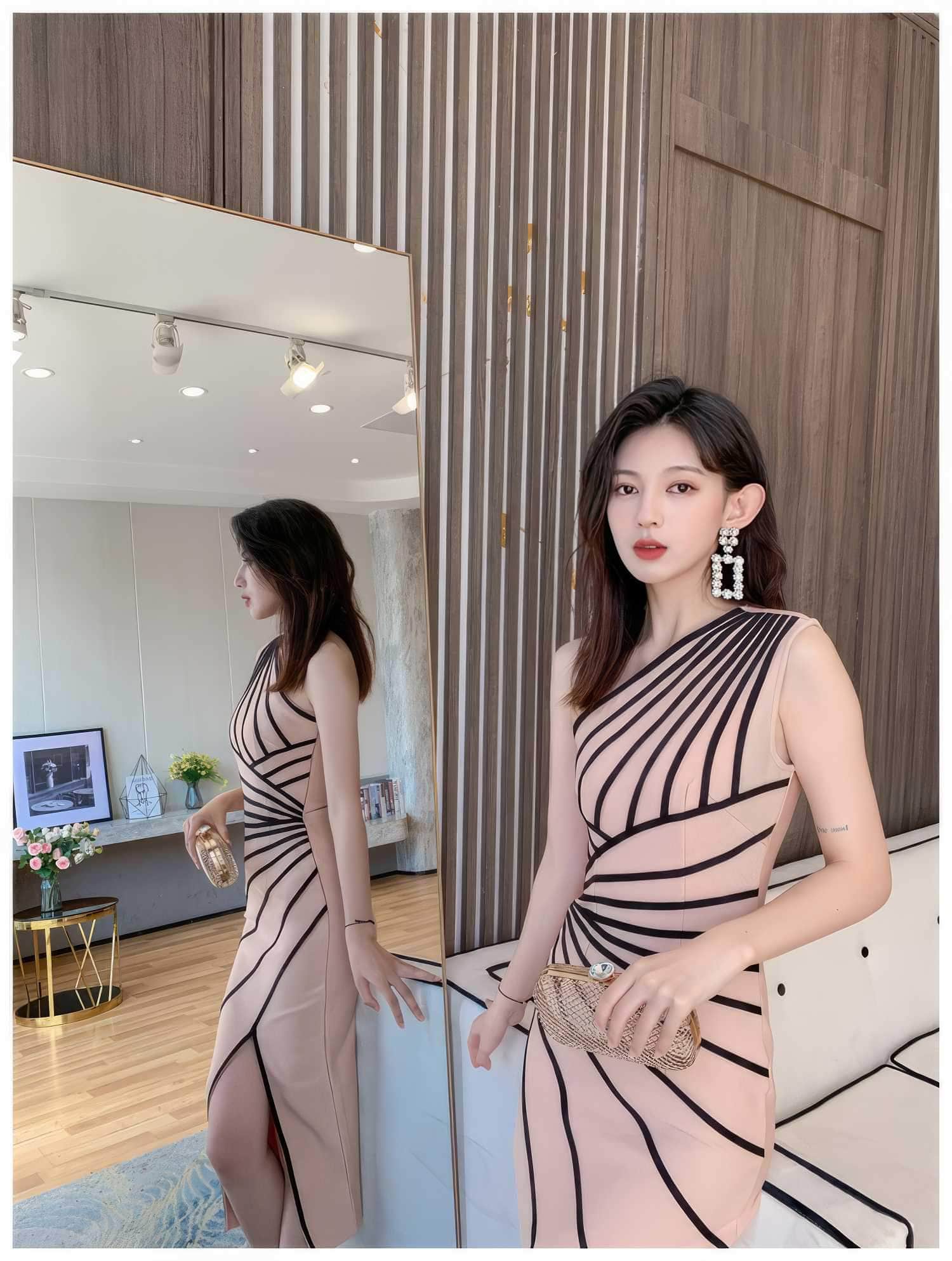 Asymmetrical Front Slit Striped Bandage Dress