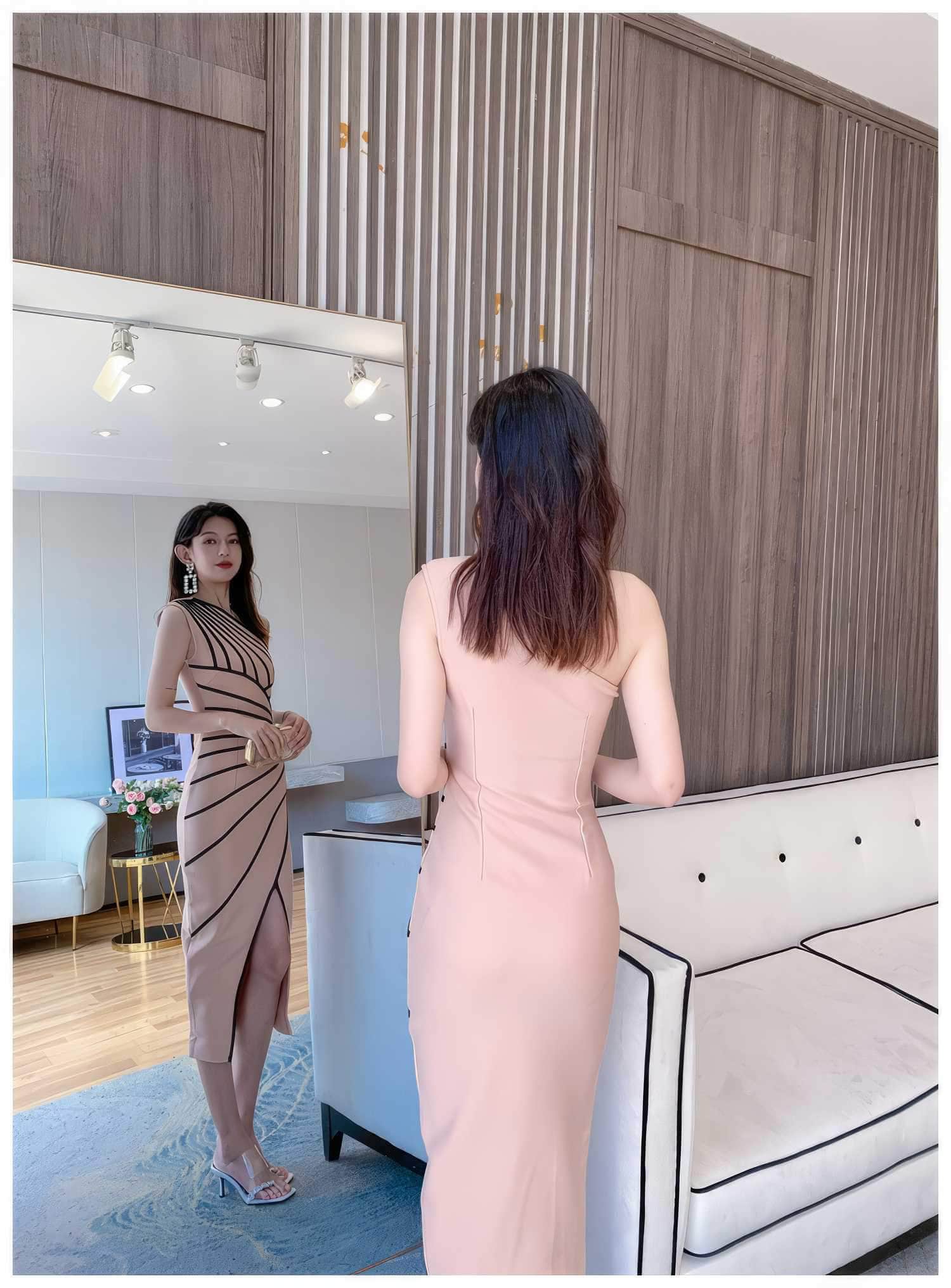 Asymmetrical Front Slit Striped Bandage Dress