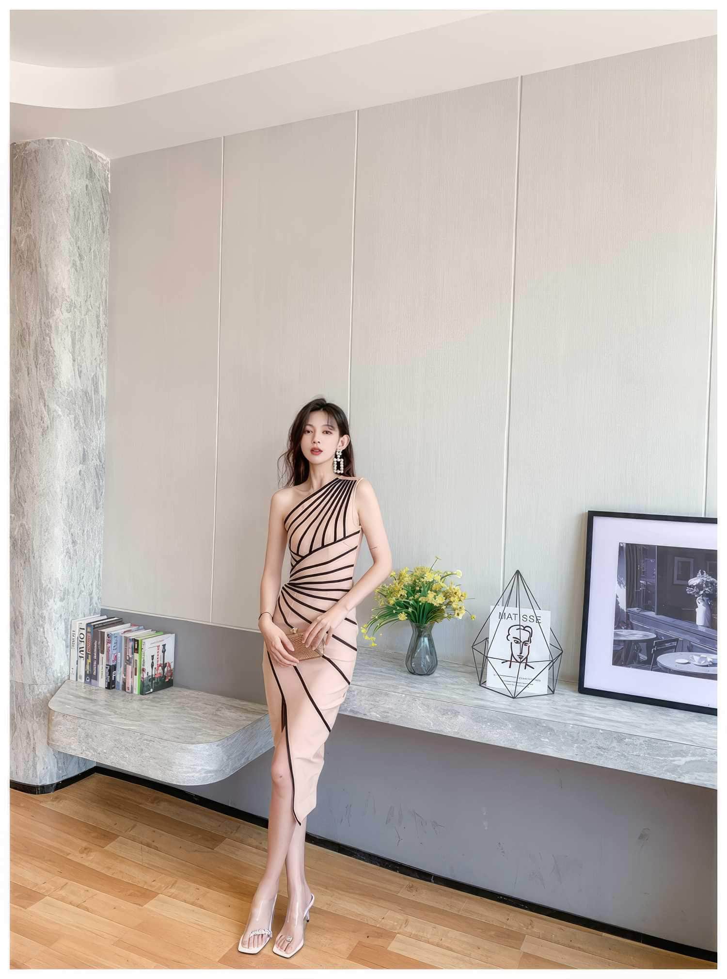 Asymmetrical Front Slit Striped Bandage Dress