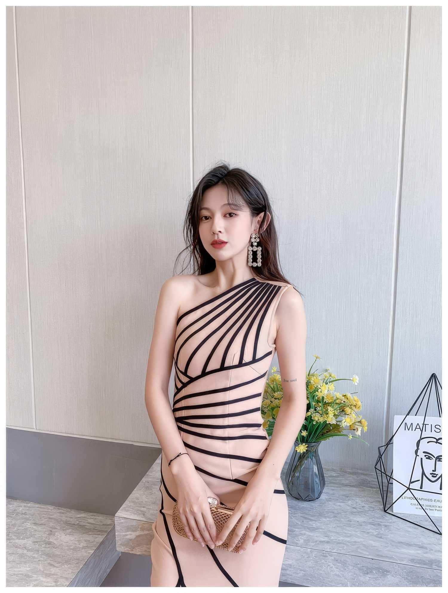 Asymmetrical Front Slit Striped Bandage Dress