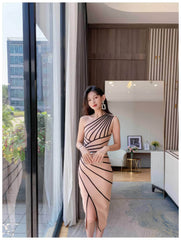 Asymmetrical Front Slit Striped Bandage Dress