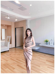 Asymmetrical Front Slit Striped Bandage Dress S / MistyRose