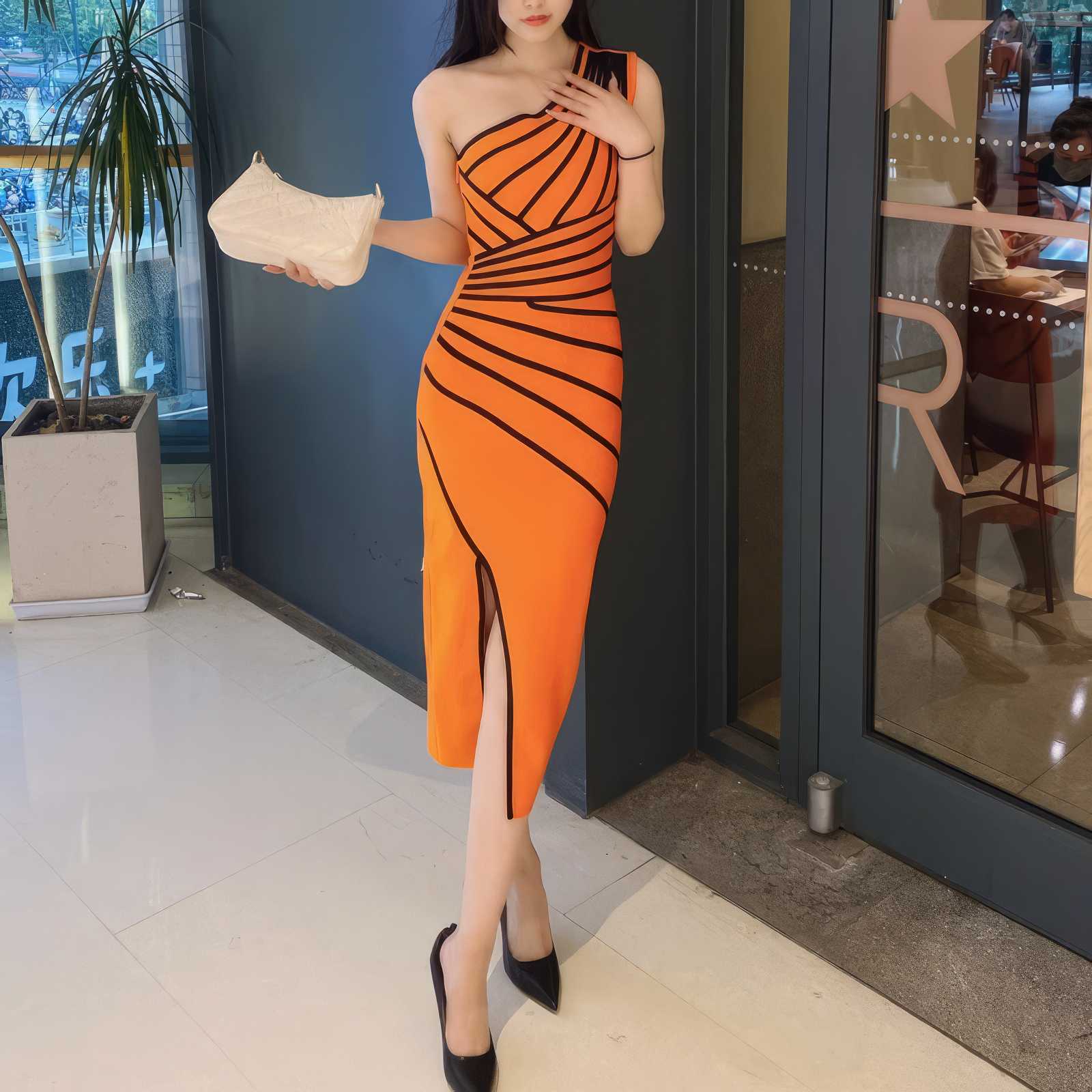 Asymmetrical Front Slit Striped Bandage Dress S / Orange