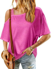 Asymmetrical Neck Half Sleeve T-Shirt Hot Pink / S