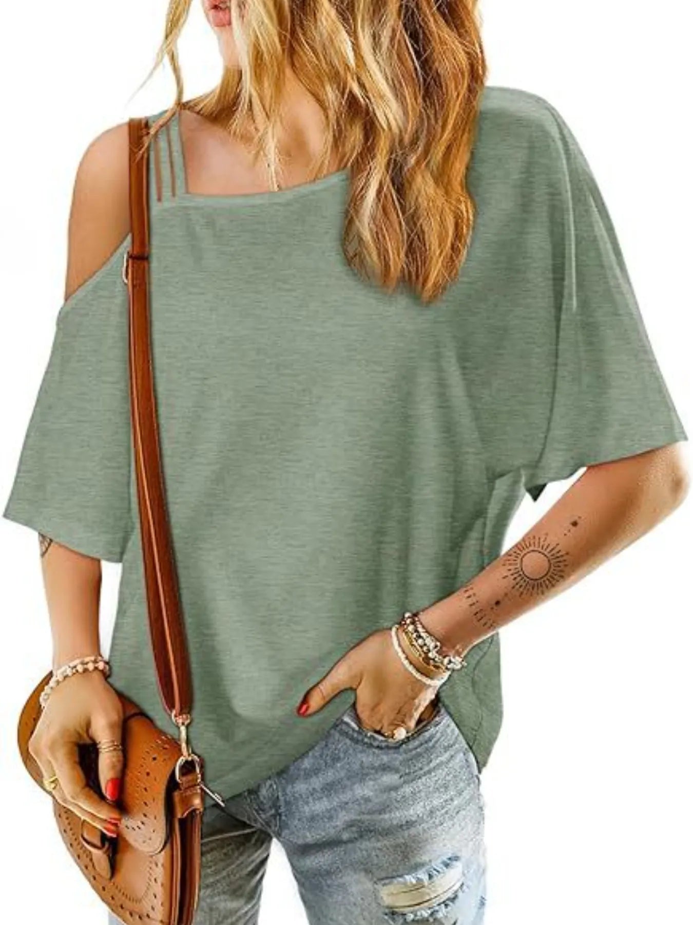 Asymmetrical Neck Half Sleeve T-Shirt Sage / S