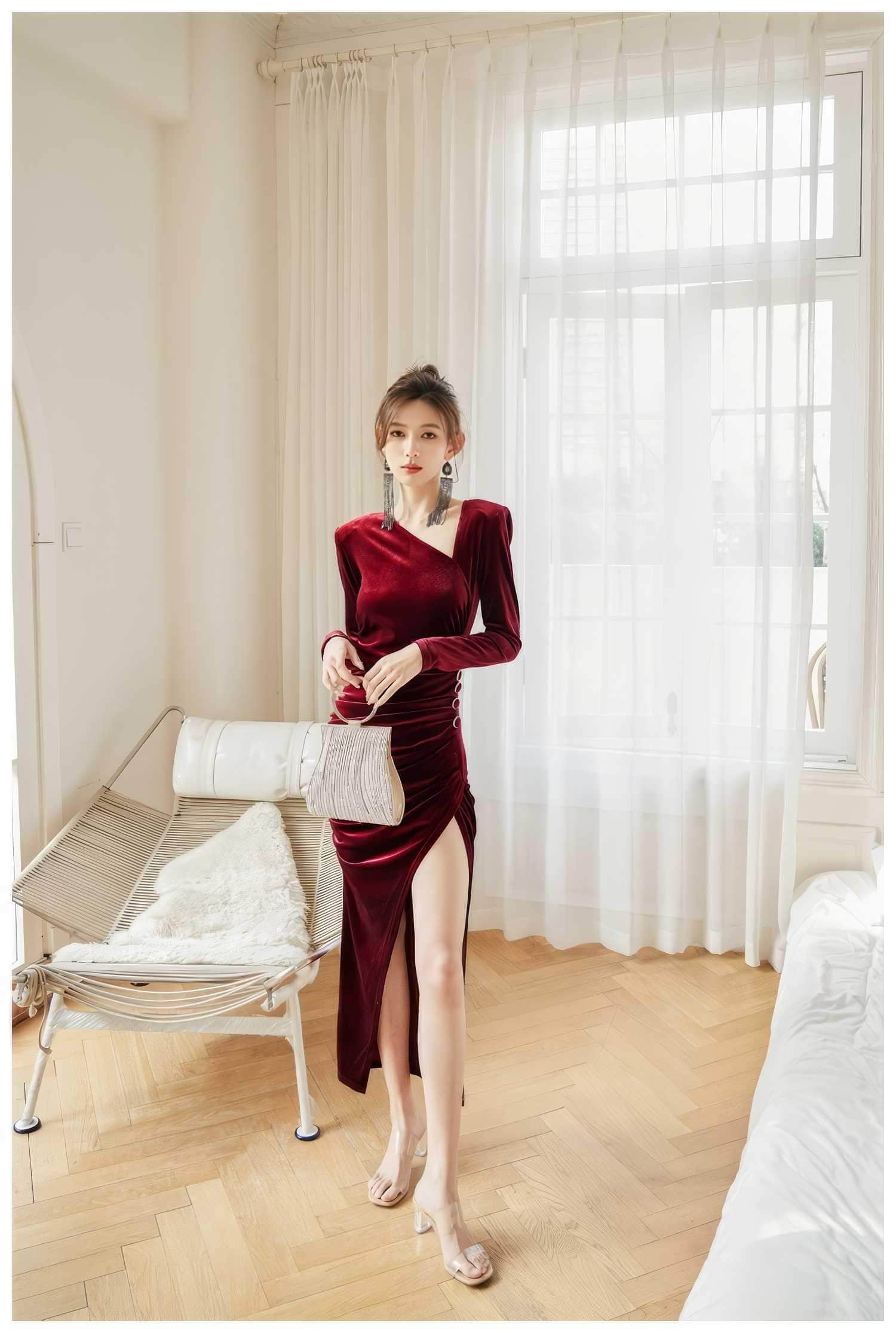 Asymmetrical Neck Ruched High Split Velvet Dress